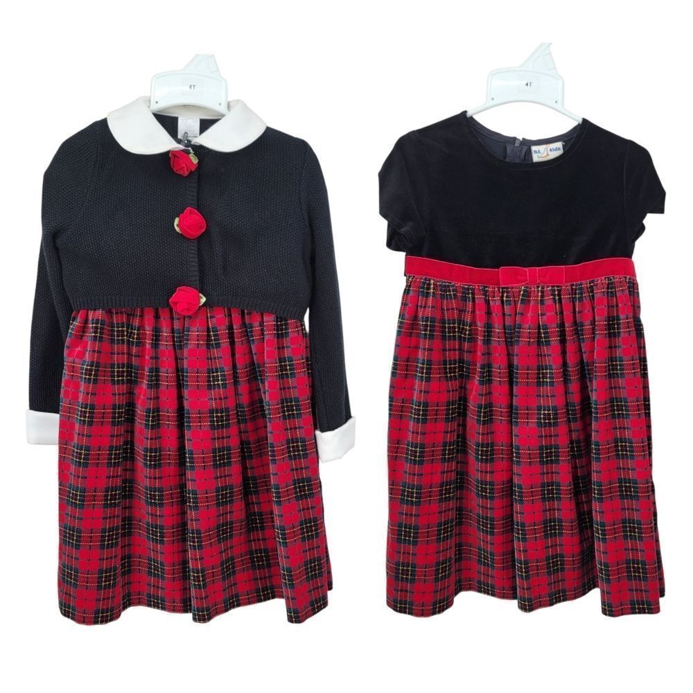 Vintage Plaid Red and Black Velvet Dress with Cardigan Sweater Christmas Vintage